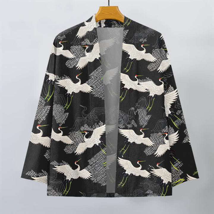 Buddha Stones Kimono pour homme en coton blanc à motif de grues ondulées, ouvert sur le devant - image 10