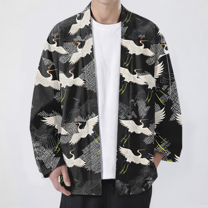 Buddha Stones Kimono pour homme en coton blanc à motif de grues ondulées, ouvert sur le devant - Noir - US/UK/AU48，EU58 (4XL) - image 9
