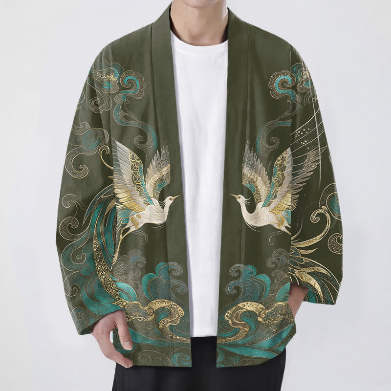 Buddha Stones Kimono pour homme en coton à motif de grues dorées et de nuages ​​marins, ouvert sur le devant - Vert olive foncé - US/UK/AU48，EU58 (4XL) - image 0