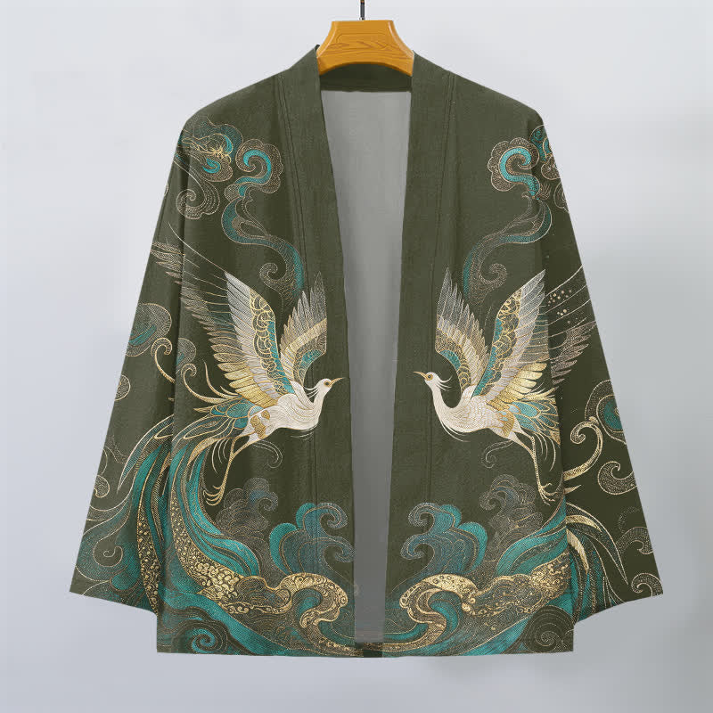 Buddha Stones Kimono pour homme en coton à motif de grues dorées et de nuages ​​marins, ouvert sur le devant - image 1
