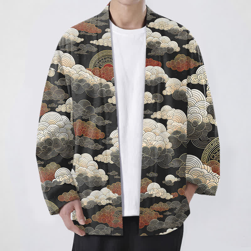 Buddha Stones Kimono pour homme en coton à motif de marée nuageuse porte-bonheur, ouvert sur le devant - Noir - US/UK/AU48，EU58 (4XL) - image 0