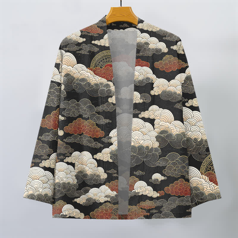 Buddha Stones Kimono pour homme en coton à motif de marée nuageuse porte-bonheur, ouvert sur le devant - image 1