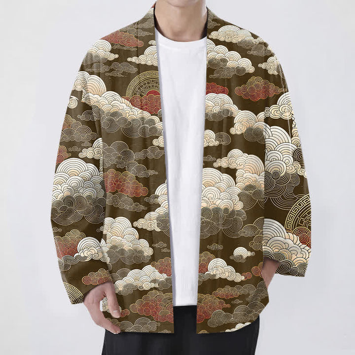 Buddha Stones Kimono pour homme en coton à motif de marée nuageuse porte-bonheur, ouvert sur le devant - SaddleBrown - US/UK/AU48，EU58 (4XL) - image 6