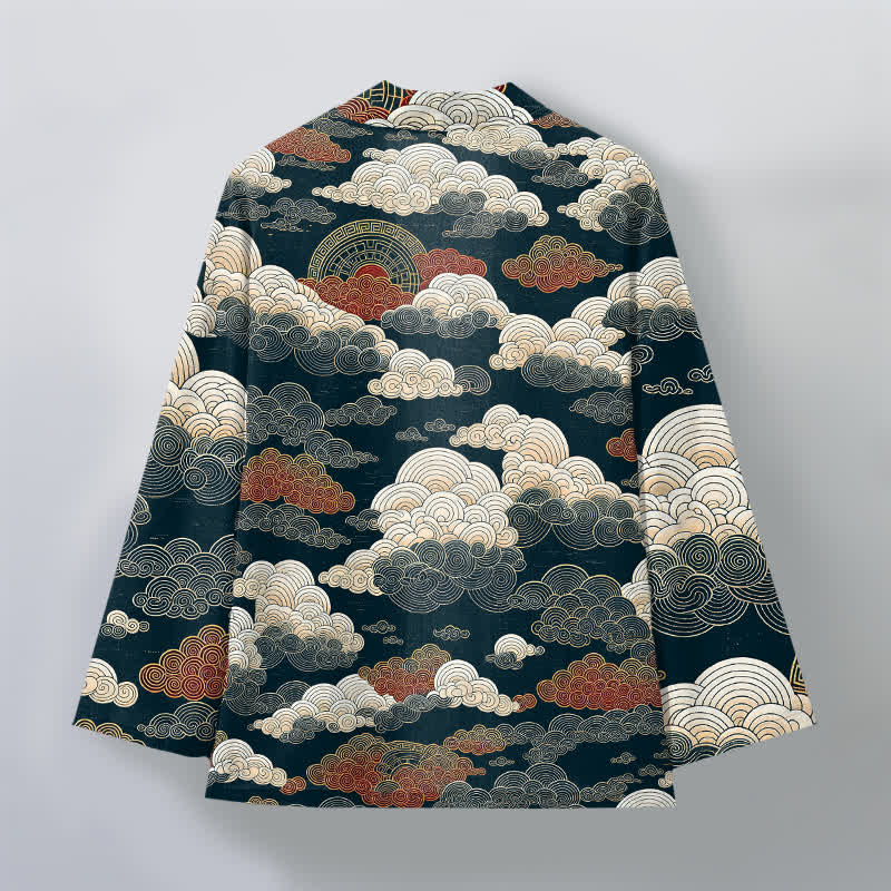 Buddha Stones Kimono pour homme en coton à motif de marée nuageuse porte-bonheur, ouvert sur le devant - image 11