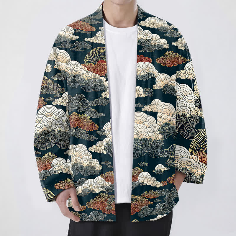 Buddha Stones Kimono pour homme en coton à motif de marée nuageuse porte-bonheur, ouvert sur le devant - Marine - US/UK/AU48，EU58 (4XL) - image 9