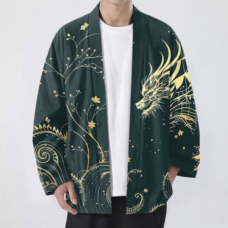 Buddha Stones Kimono pour homme en coton à motif floral Dragon Tide, ouvert sur le devant - Sarcelle - US/UK/AU48，EU58 (4XL) - image 0