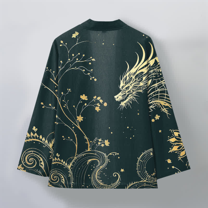 Buddha Stones Kimono pour homme en coton à motif floral Dragon Tide, ouvert sur le devant - image 2
