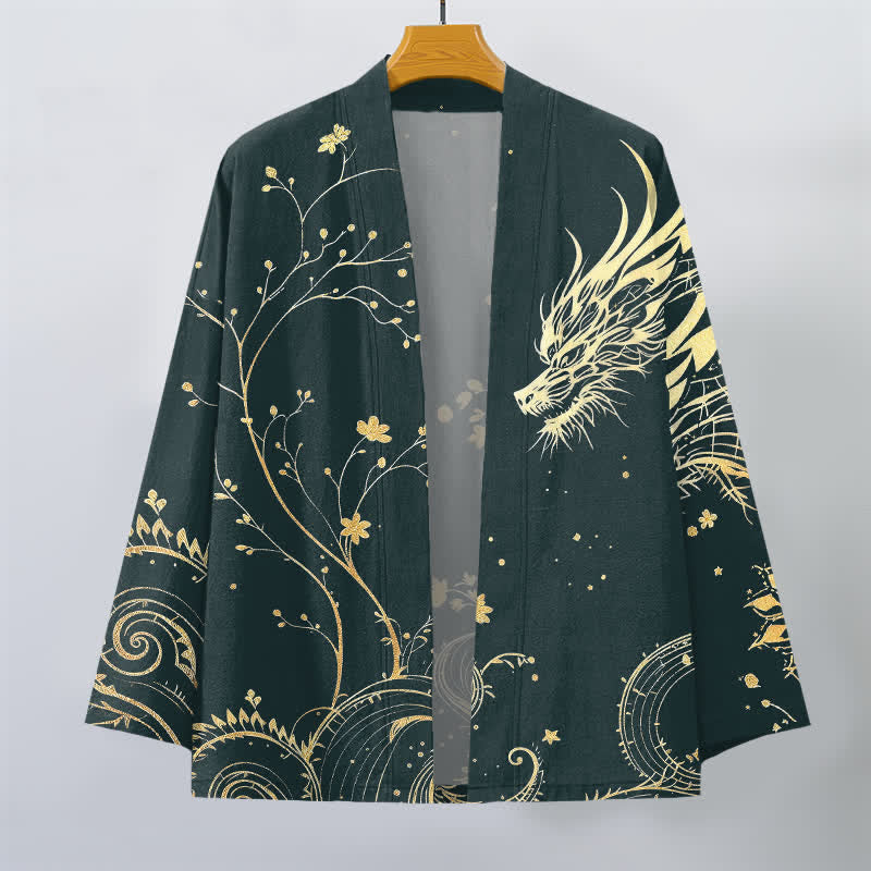 Buddha Stones Kimono pour homme en coton à motif floral Dragon Tide, ouvert sur le devant - image 1