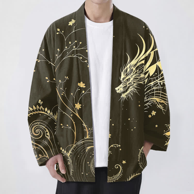 Buddha Stones Kimono pour homme en coton à motif floral Dragon Tide, ouvert sur le devant - Olive - US/UK/AU48，EU58 (4XL) - image 6