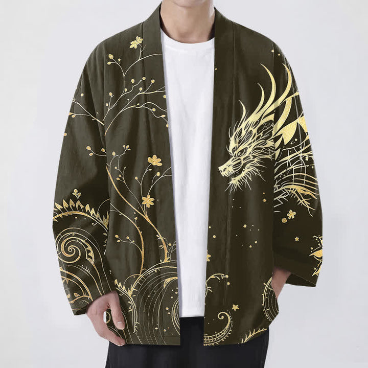 Buddha Stones Kimono pour homme en coton à motif floral Dragon Tide, ouvert sur le devant - Olive - US/UK/AU48，EU58 (4XL) - image 6
