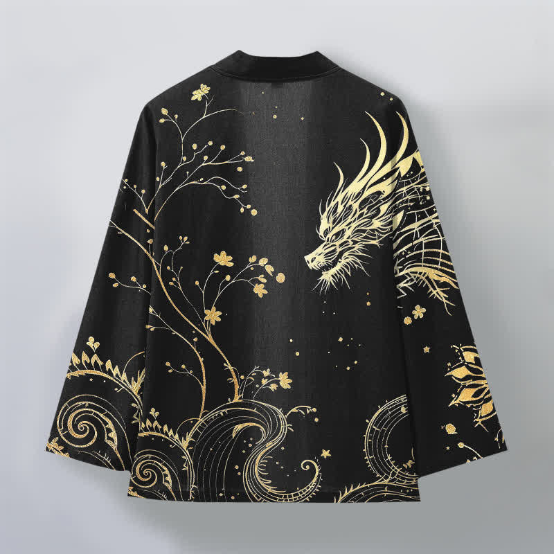 Buddha Stones Kimono pour homme en coton à motif floral Dragon Tide, ouvert sur le devant - image 11