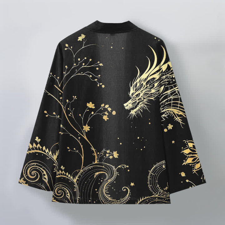 Buddha Stones Kimono pour homme en coton à motif floral Dragon Tide, ouvert sur le devant - image 11