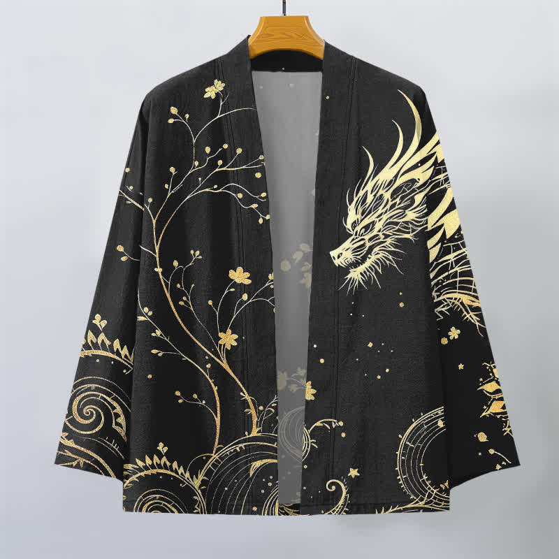 Buddha Stones Kimono pour homme en coton à motif floral Dragon Tide, ouvert sur le devant - image 10