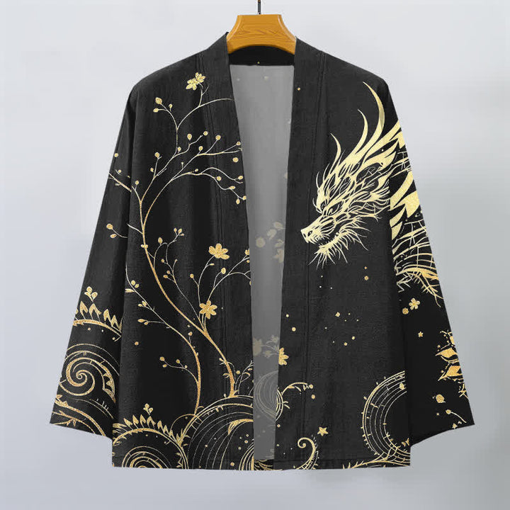Buddha Stones Kimono pour homme en coton à motif floral Dragon Tide, ouvert sur le devant - image 10
