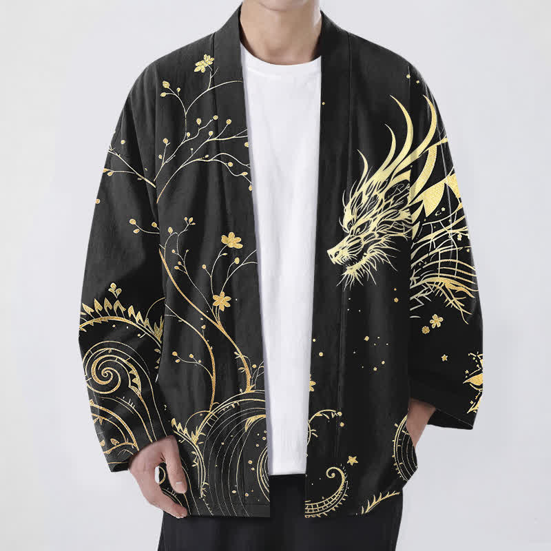 Buddha Stones Kimono pour homme en coton à motif floral Dragon Tide, ouvert sur le devant - Noir - US/UK/AU48，EU58 (4XL) - image 9