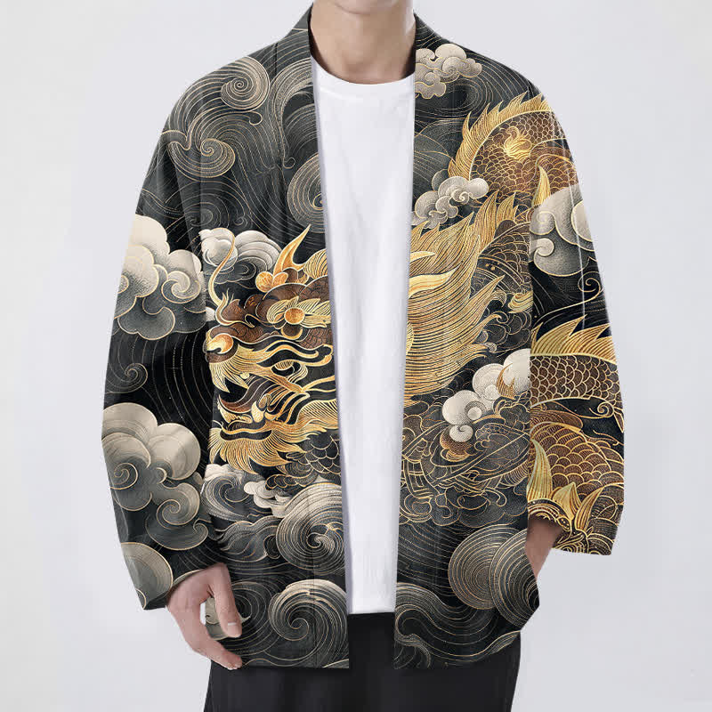 Buddha Stones Kimono pour homme en coton à motif de dragon, nuage et mer, ouvert sur le devant. - Noir - US/UK/AU48，EU58 (4XL) - image 0