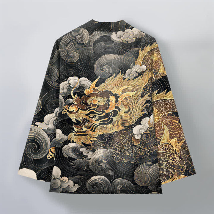 Buddha Stones Kimono pour homme en coton à motif de dragon, nuage et mer, ouvert sur le devant. - image 2