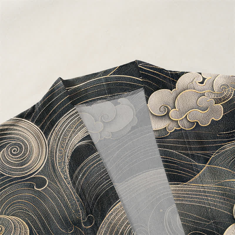 Buddha Stones Kimono pour homme en coton à motif de dragon, nuage et mer, ouvert sur le devant. - image 3