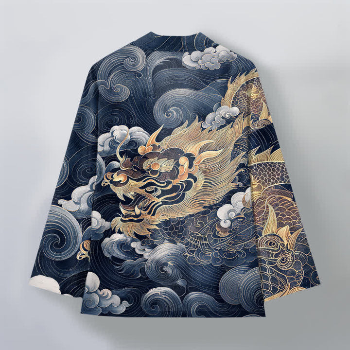 Buddha Stones Kimono pour homme en coton à motif de dragon, nuage et mer, ouvert sur le devant. - image 8