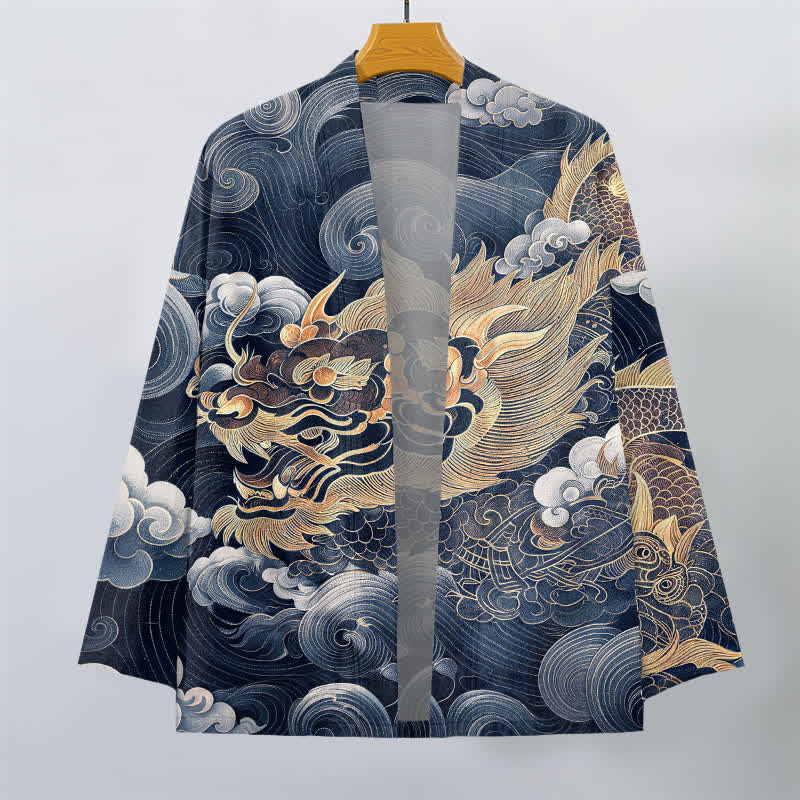 Buddha Stones Kimono pour homme en coton à motif de dragon, nuage et mer, ouvert sur le devant. - image 7