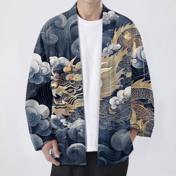 Buddha Stones Kimono pour homme en coton à motif de dragon, nuage et mer, ouvert sur le devant. - Marine - US/UK/AU48，EU58 (4XL) - image 6