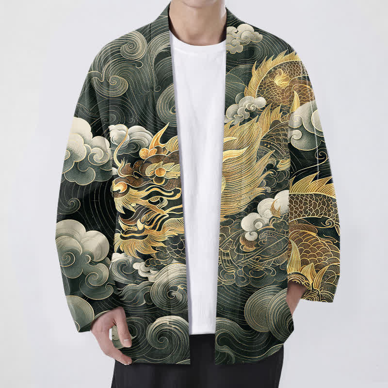 Buddha Stones Kimono pour homme en coton à motif de dragon, nuage et mer, ouvert sur le devant. - Vert foncé - US/UK/AU48，EU58 (4XL) - image 9