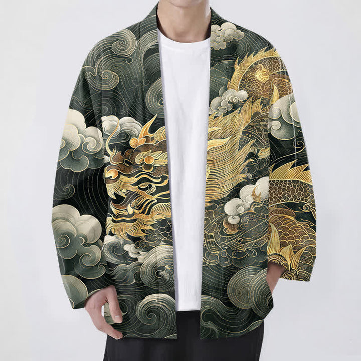 Buddha Stones Kimono pour homme en coton à motif de dragon, nuage et mer, ouvert sur le devant. - Vert foncé - US/UK/AU48，EU58 (4XL) - image 9