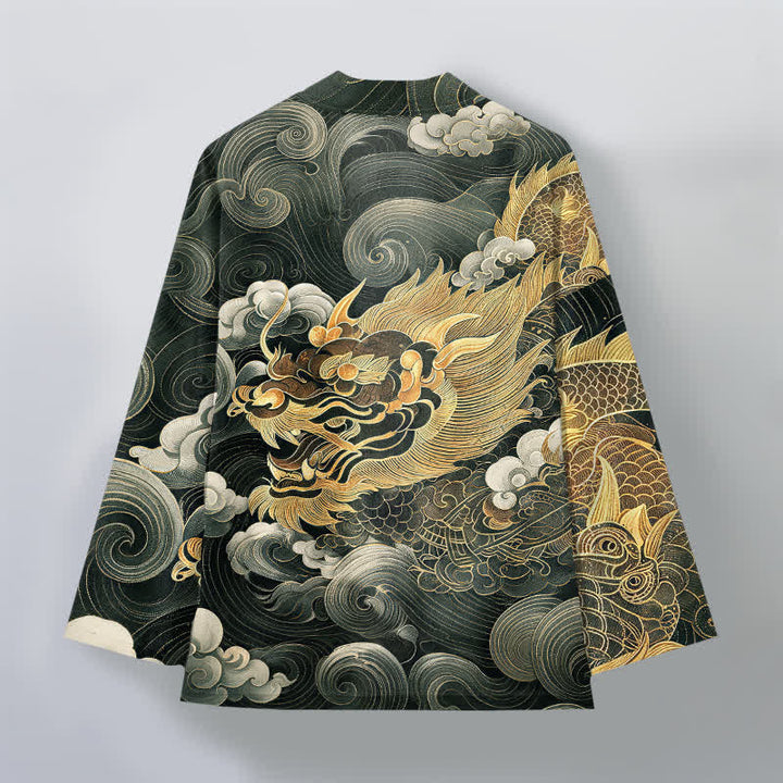 Buddha Stones Kimono pour homme en coton à motif de dragon, nuage et mer, ouvert sur le devant. - image 11