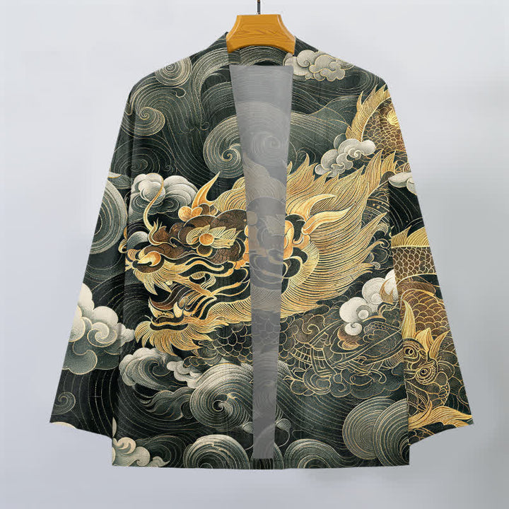Buddha Stones Kimono pour homme en coton à motif de dragon, nuage et mer, ouvert sur le devant. - image 10