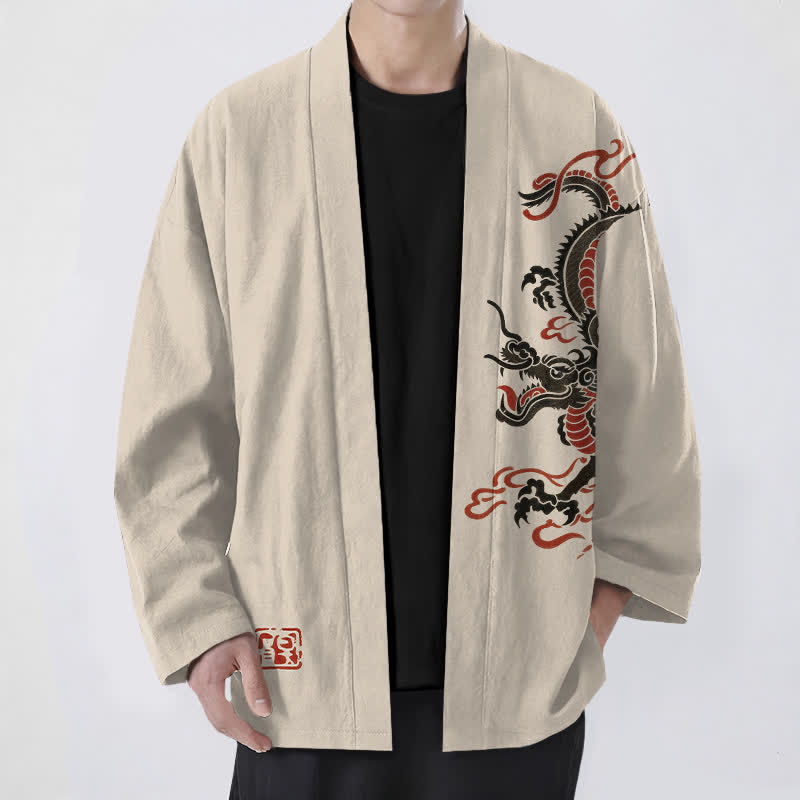 Buddha Stones Kimono pour homme en coton noir et rouge à motif dragon, ouvert sur le devant - Beige - US/UK/AU48，EU58 (4XL) - image 0