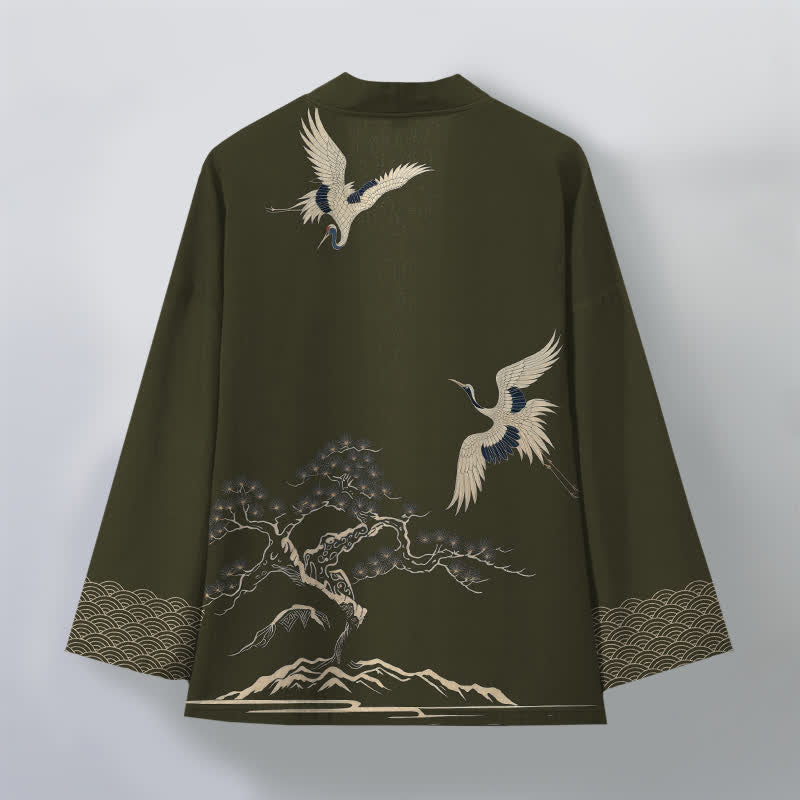Buddha Stones Kimono pour homme à motif paysager de pin et de grues en coton, ouvert sur le devant - image 2