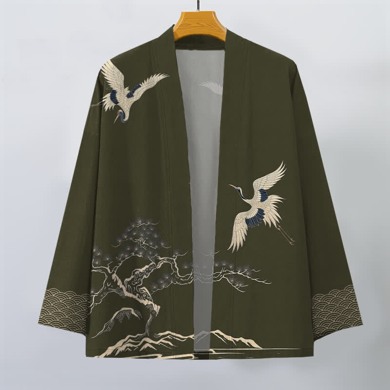 Buddha Stones Kimono pour homme à motif paysager de pin et de grues en coton, ouvert sur le devant - image 1