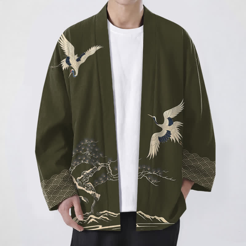 Buddha Stones Kimono pour homme à motif paysager de pin et de grues en coton, ouvert sur le devant - Vert olive foncé - US/UK/AU48，EU58 (4XL) - image 0