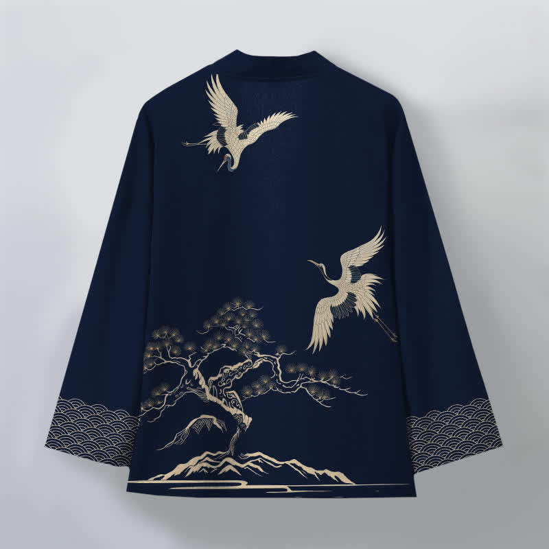 Buddha Stones Kimono pour homme à motif paysager de pin et de grues en coton, ouvert sur le devant - image 8