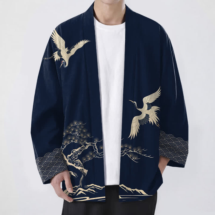 Buddha Stones Kimono pour homme à motif paysager de pin et de grues en coton, ouvert sur le devant - Marine - US/UK/AU48，EU58 (4XL) - image 6