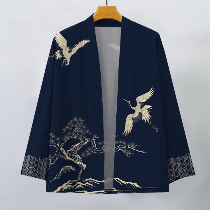 Buddha Stones Kimono pour homme à motif paysager de pin et de grues en coton, ouvert sur le devant - image 7