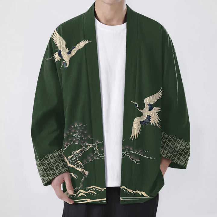 Buddha Stones Kimono pour homme à motif paysager de pin et de grues en coton, ouvert sur le devant - Vert foncé - US/UK/AU48，EU58 (4XL) - image 9
