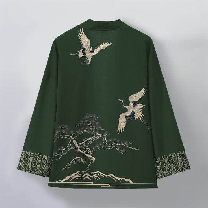 Buddha Stones Kimono pour homme à motif paysager de pin et de grues en coton, ouvert sur le devant - image 11