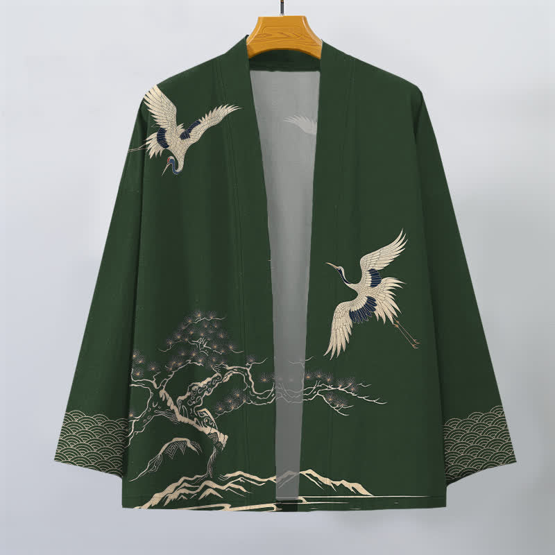 Buddha Stones Kimono pour homme à motif paysager de pin et de grues en coton, ouvert sur le devant - image 10