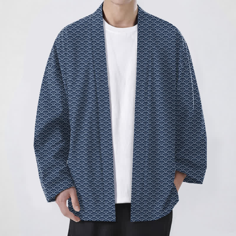 Buddha Stones Kimono pour homme en coton, motif vagues océaniques japonaises, ouvert sur le devant - Marine - US/UK/AU48，EU58 (4XL) - image 0