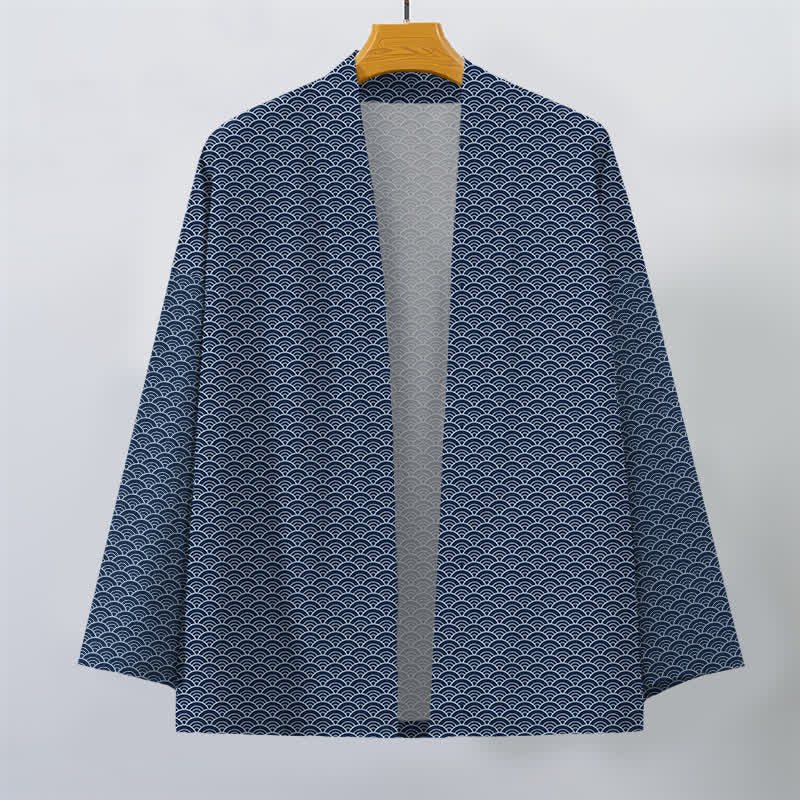 Buddha Stones Kimono pour homme en coton, motif vagues océaniques japonaises, ouvert sur le devant - image 1