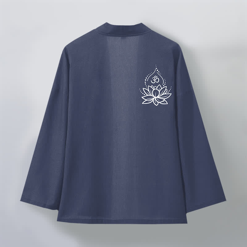 Buddha Stones Kimono en coton pour hommes à motif Lotus Om ouvert sur le devant - image 2