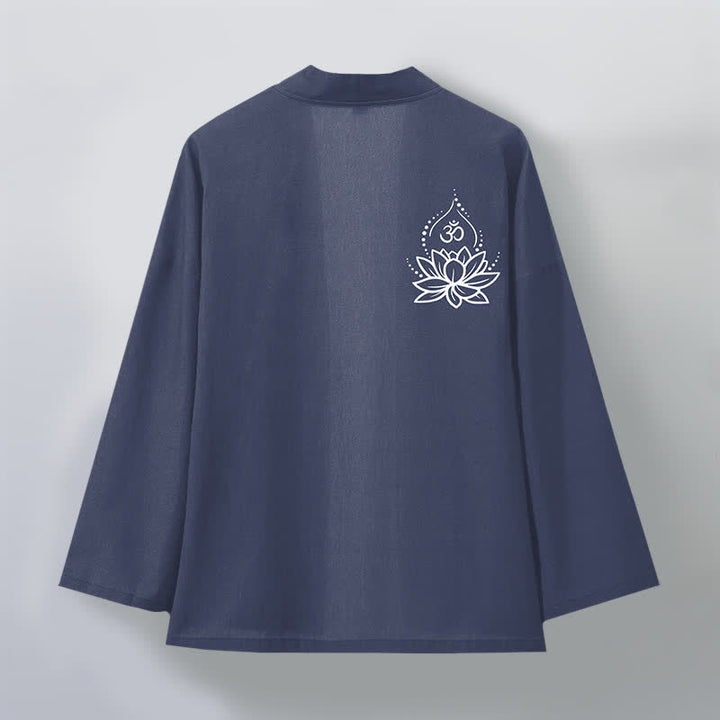 Buddha Stones Kimono en coton pour hommes à motif Lotus Om ouvert sur le devant - image 2