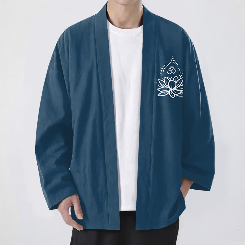Buddha Stones Kimono en coton pour hommes à motif Lotus Om ouvert sur le devant - SteelBlue - US/UK/AU48，EU58 (4XL) - image 6