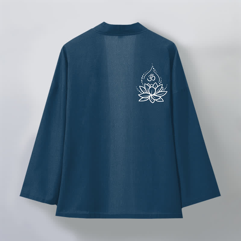 Buddha Stones Kimono en coton pour hommes à motif Lotus Om ouvert sur le devant - image 8