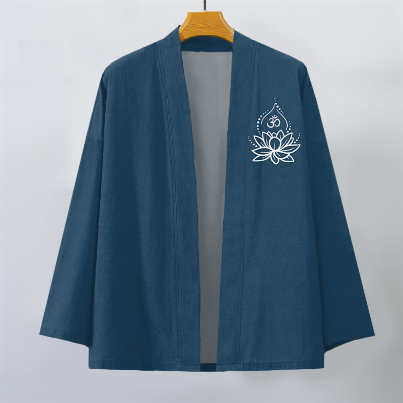 Buddha Stones Kimono en coton pour hommes à motif Lotus Om ouvert sur le devant - image 7