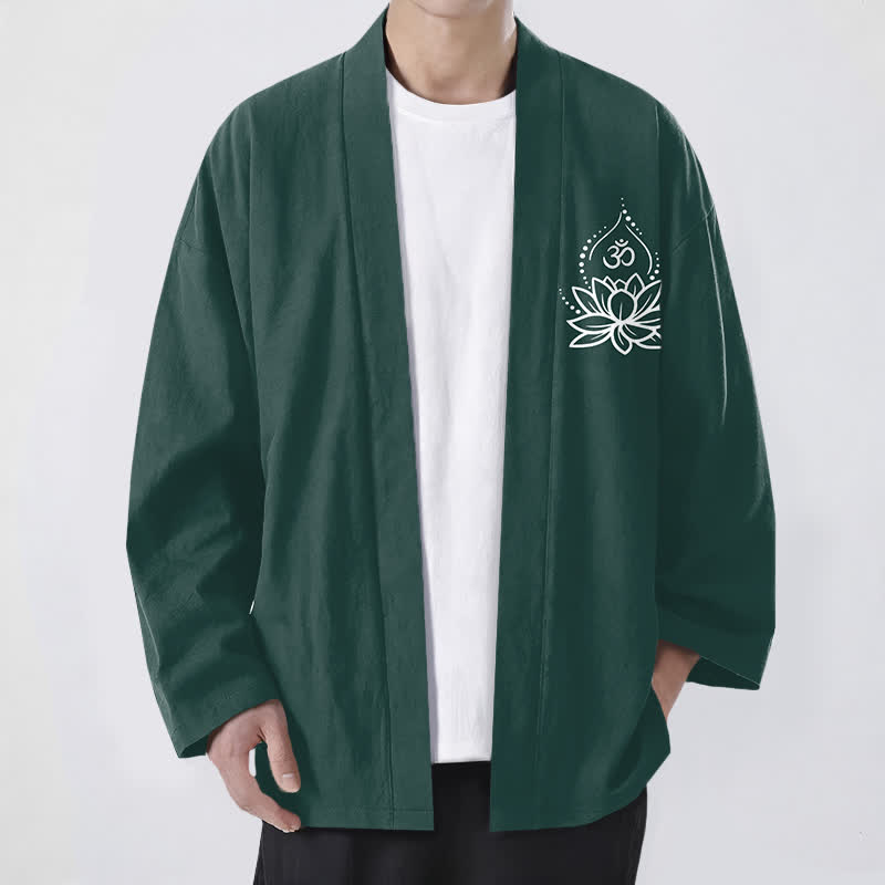Buddha Stones Kimono en coton pour hommes à motif Lotus Om ouvert sur le devant - Vert foncé - US/UK/AU48，EU58 (4XL) - image 9