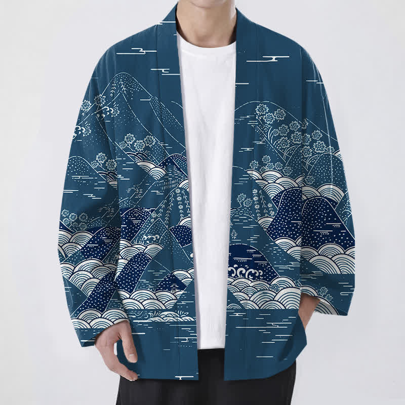 Buddha Stones Kimono pour homme en coton à motif de vagues et de paysages japonais, ouvert sur le devant - Sarcelle - US/UK/AU48，EU58 (4XL) - image 0