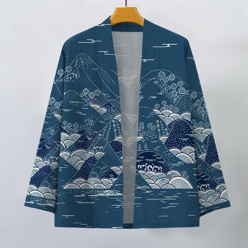 Buddha Stones Kimono pour homme en coton à motif de vagues et de paysages japonais, ouvert sur le devant - image 1