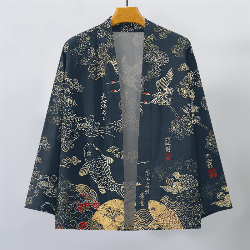 Buddha Stones Kimono pour homme en coton à motif de grues chinoises et de carpes koï, ouvert sur le devant - image 1